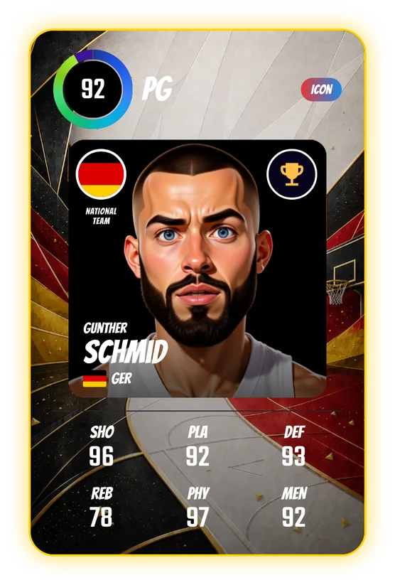 Gunther Schmid's Swish & Dunk card: PG, 92 Overall