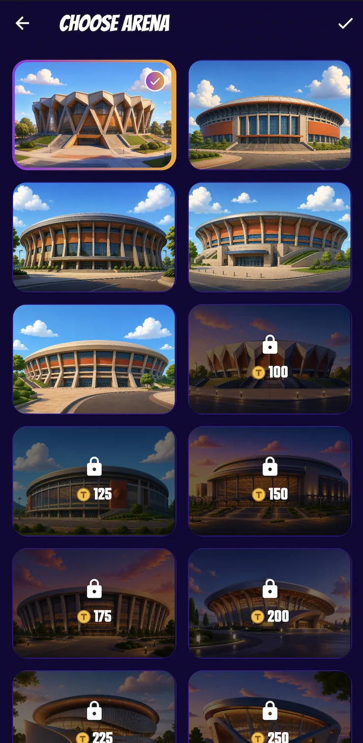 The arena catalogue in Swish & Dunk, with the locked venues showing their token price