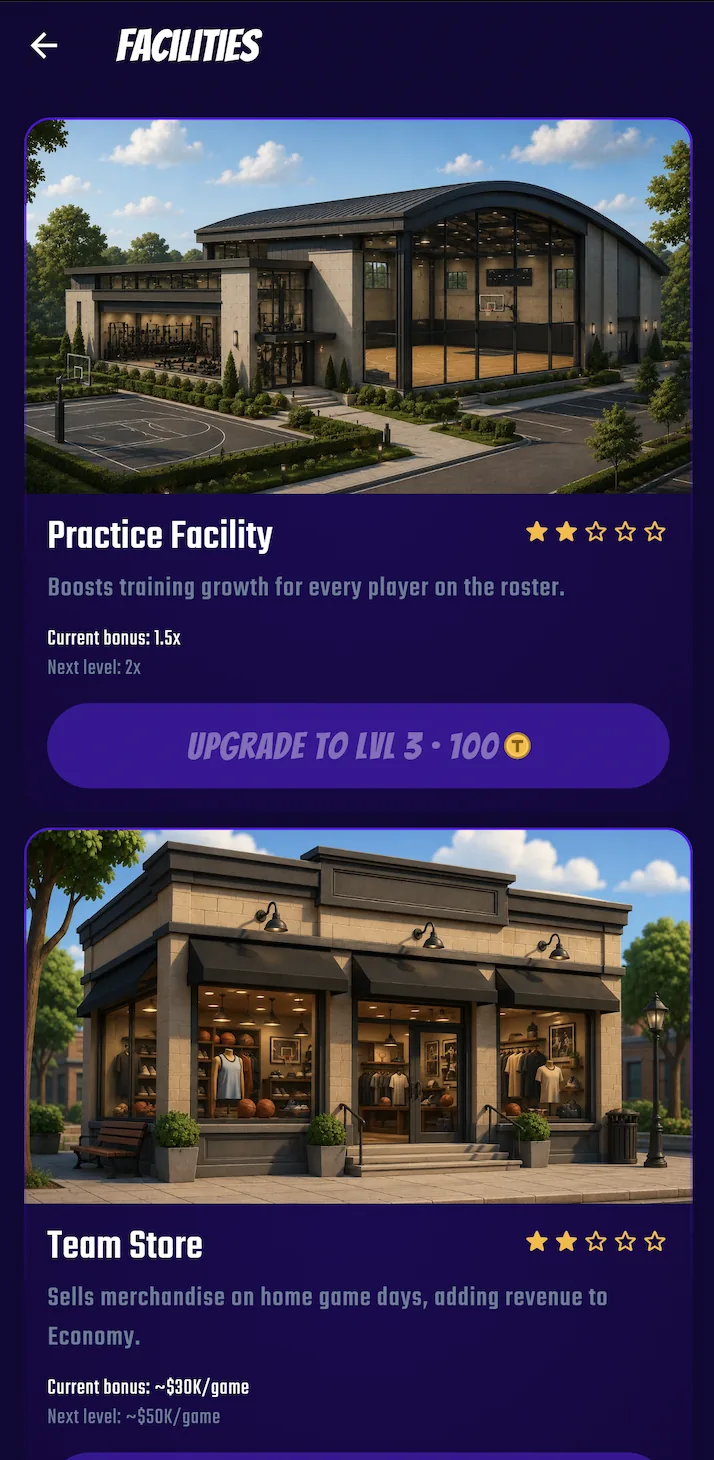 The Facilities screen in Swish & Dunk with the Practice Facility, the Team Store and the Medical Center