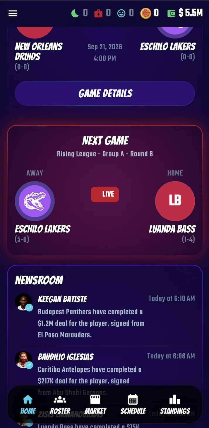 The Swish & Dunk home screen with the LIVE badge on the game in progress and the newsroom below