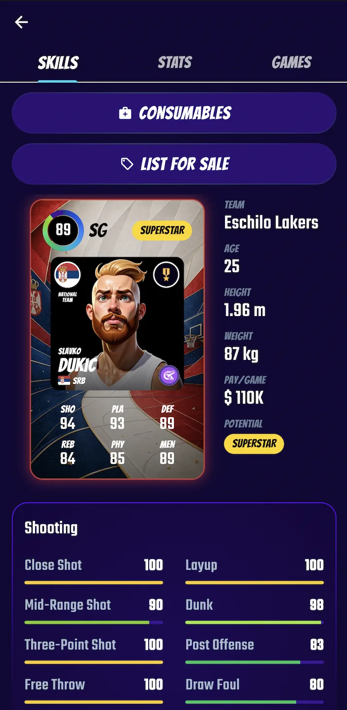 A Swish & Dunk player card with the six skill groups and the list of Shooting skills